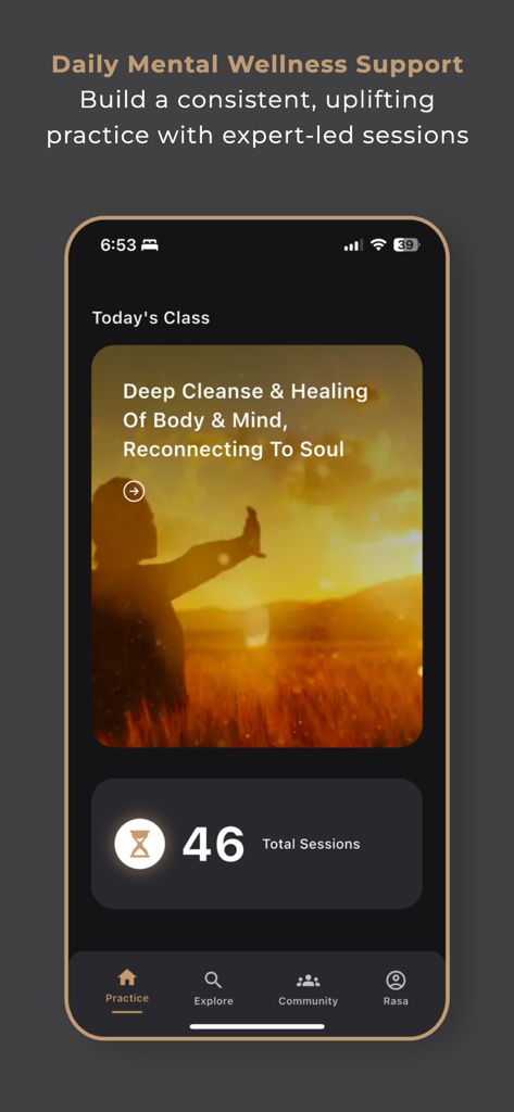 Pura Rasa - A screenshot of the Pura Rasa app interface featuring a daily meditation class titled Deep Cleanse and Healing of Body and Mind alongside a session counter.