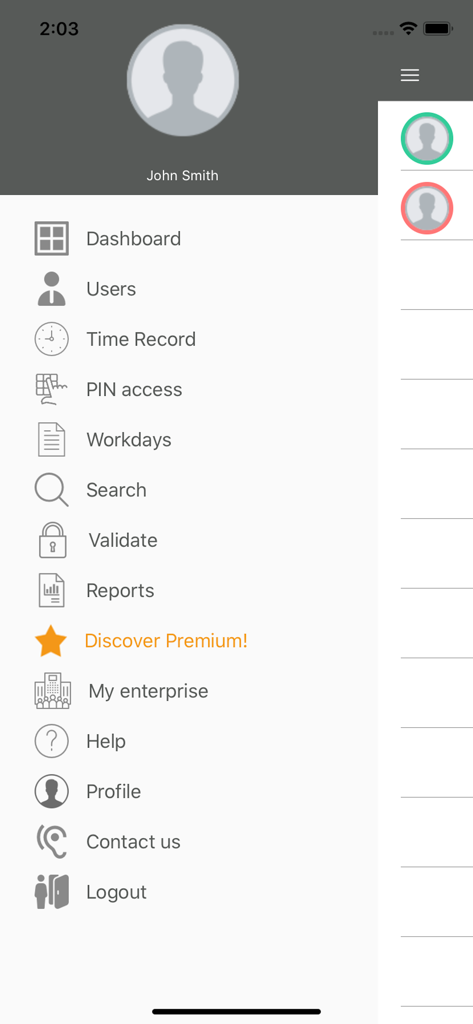 Bixpe Worktime Tracking - Menú lateral de la aplicación Bixpe Worktime Tracking que incluye panel de control, usuarios, registro de tiempo y opciones de acceso PIN.