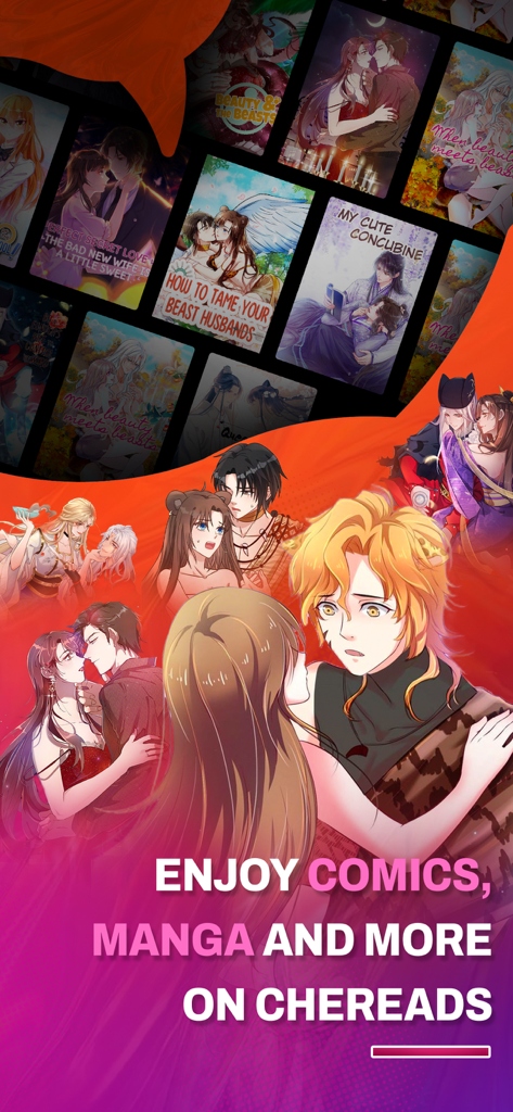 Promotional graphic for the Chereads app featuring a library of romantic manga and comic covers for women