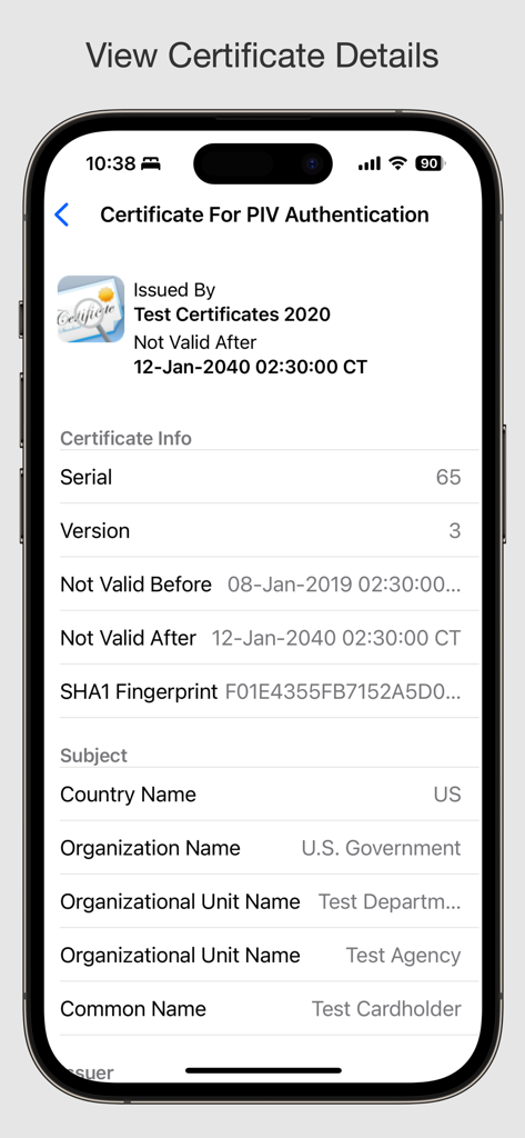 Detailed view of a PIV authentication certificate on the Smart Card Utility mobile app.
