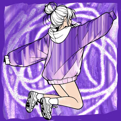realistic girl jumping with a bun and oversized sweatshirt