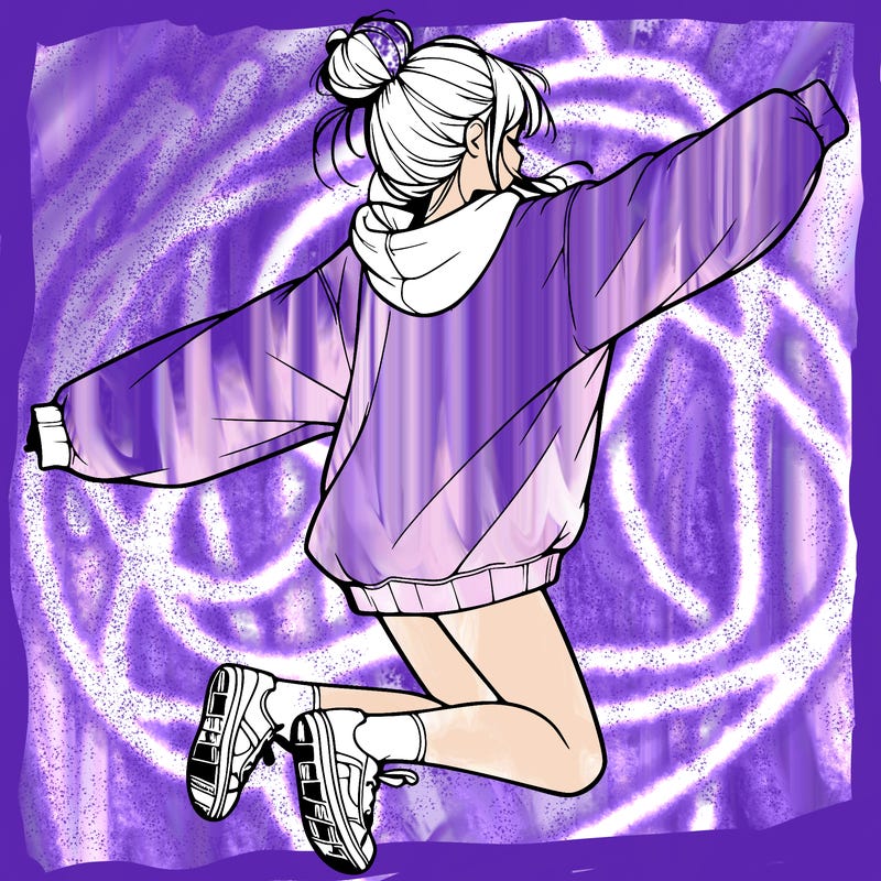 realistic girl jumping with a bun and oversized sweatshirt