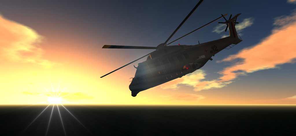 SimplePlanes - A helicopter flying against a sunset sky in the SimplePlanes flight simulator.