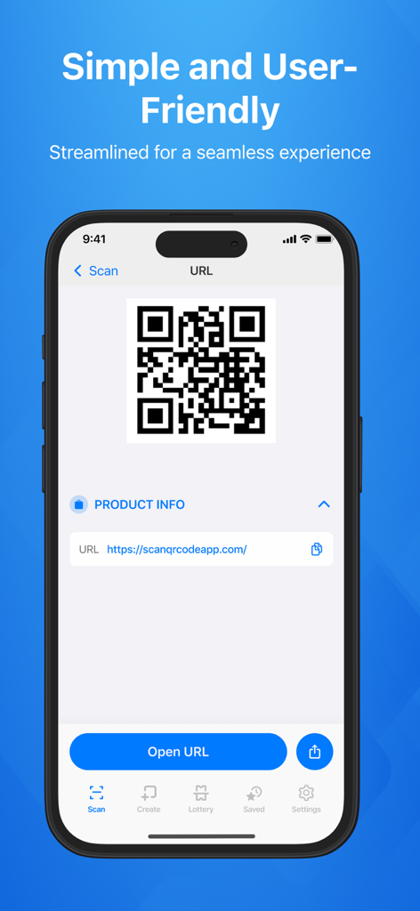 Scan QR Code. - Interface of the Scan QR Code app displaying a scanned website link with an Open URL button.
