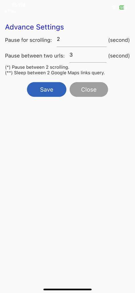 Advanced settings screen for configuring lead scraping automation delays