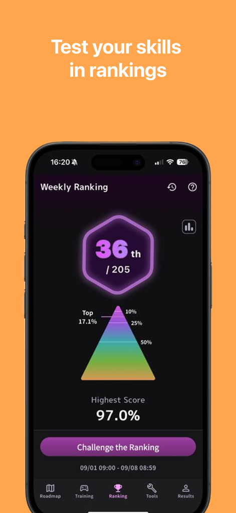 NTPoker – GTO Poker Trainer - Weekly ranking screen in the NTPoker app showing leaderboard position and performance statistics.