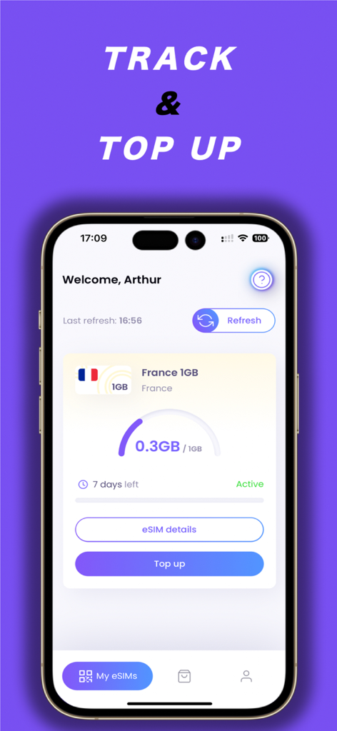 Interface do aplicativo SimOptions mostrando rastreamento de dados eSIM em tempo real e opções de recarga
