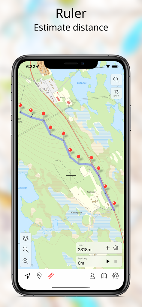 Topo maps - Sweden - A screenshot of the Topo maps Sweden app showing the ruler tool for estimating hiking distance on a detailed topographic map.