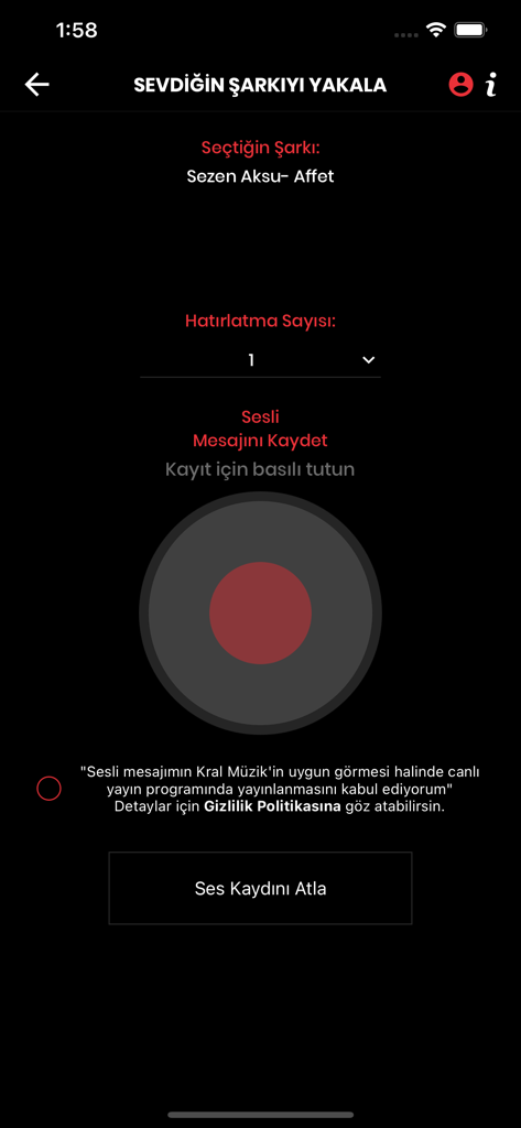 Interfaccia dell'app Kral che mostra la funzione di registrazione di messaggi vocali per una canzone selezionata.