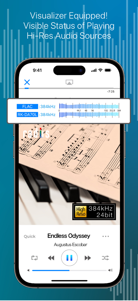 music player-NePLAYER Lite - Screenshot of NePLAYER Lite interface displaying a real-time high-res audio visualizer and bit-perfect playback status for a FLAC file at 384kHz and 24-bit.