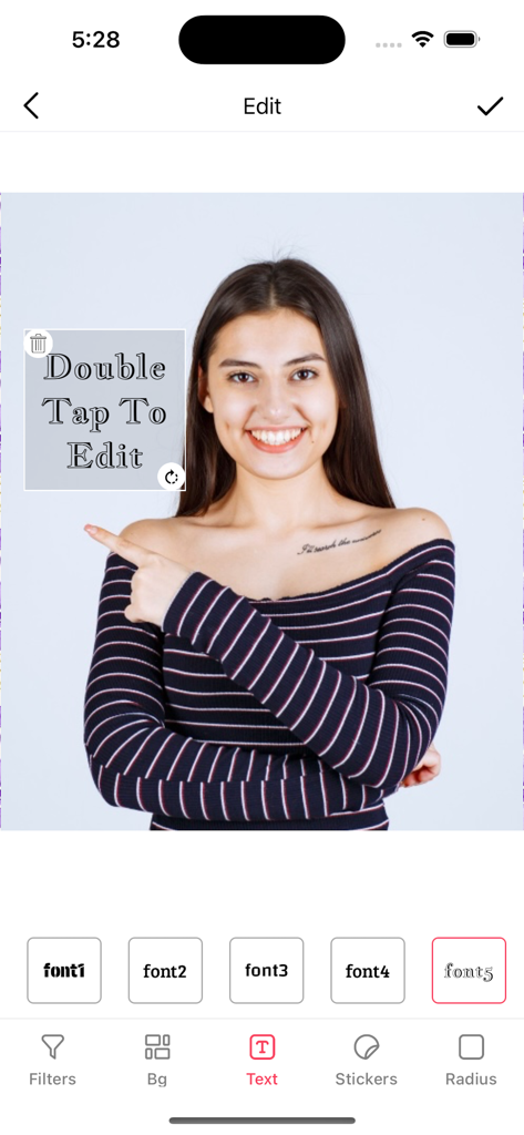 Interface of the Beauty Camera app showing text editing and font selection tools on a photo of a smiling woman