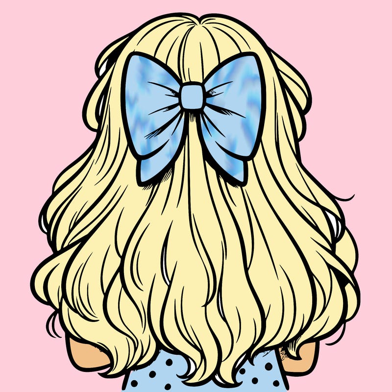 girl facing the back with very long hair and a bow