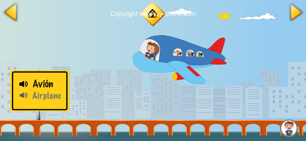 Ivy Transportation - Blue airplane flying over a city with bilingual Spanish and English labels