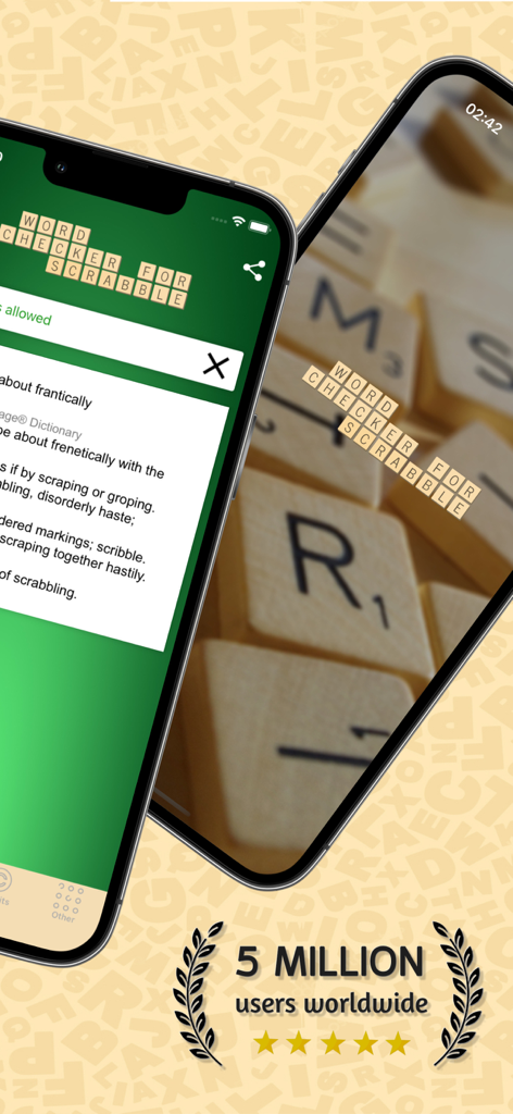 Word Checker for Scrabble app interface showing dictionary definitions and five million users milestone