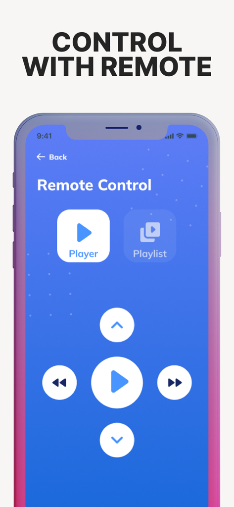 Interface do aplicativo de iPhone mostrando um controle remoto para Chromecast com botões de reprodução