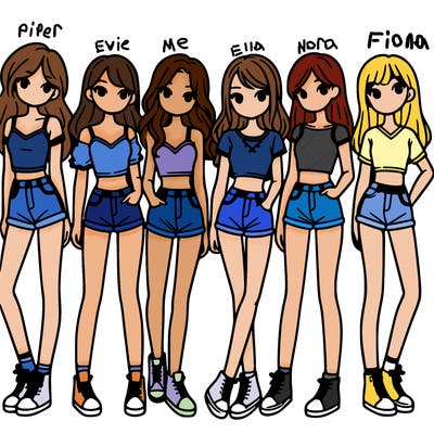 a group of girls wearing crop tops and shorts