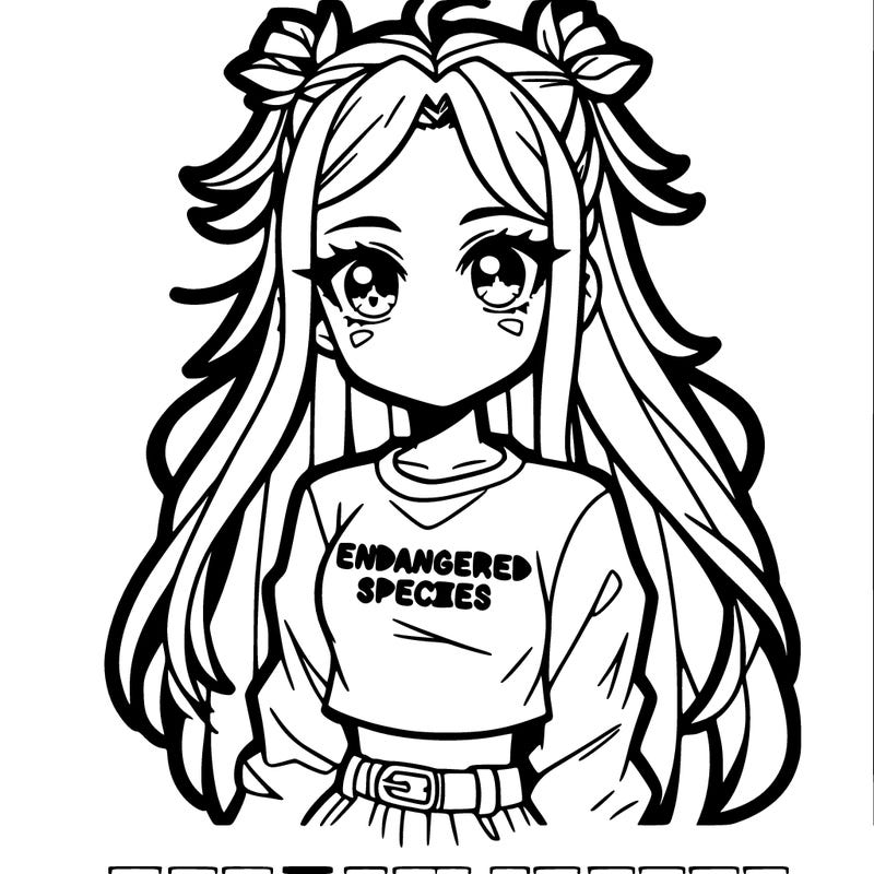an anime baddie girl with a loose half-bun her eyes sparkle with ambition and cleverness, she is wearing a crop top that says "endangered species" on it