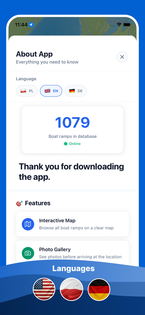 Página Sobre o aplicativo Rampa de Lançamento de Barcos com lista de recursos e seleção de idioma
