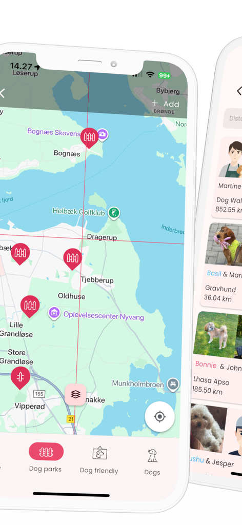 GoDusty - GoDusty mobile app showing a map of local dog parks and a list of dog profiles for social networking