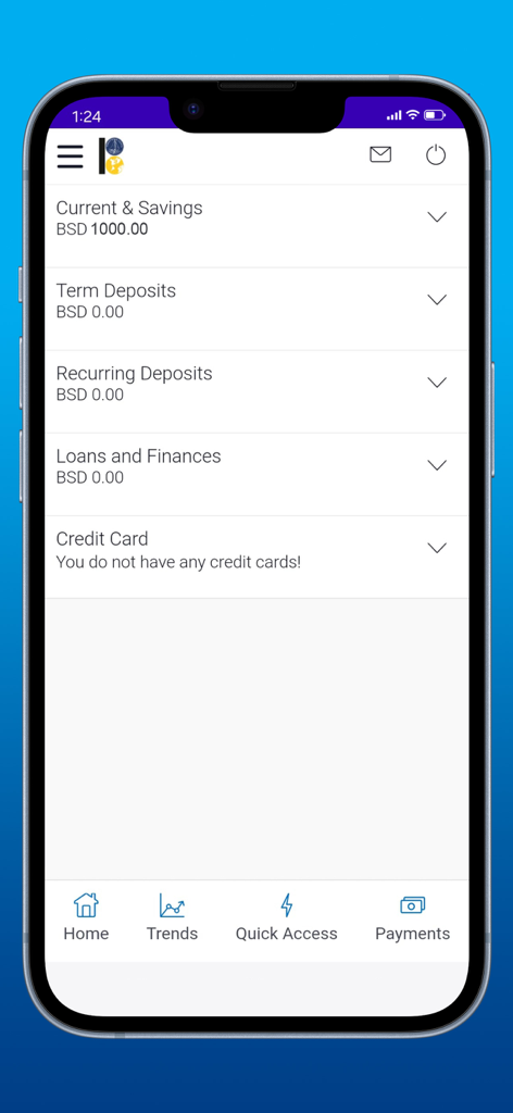 Dashboard of the BOB ONLINE mobile banking app showing account balances in Bahamian Dollars