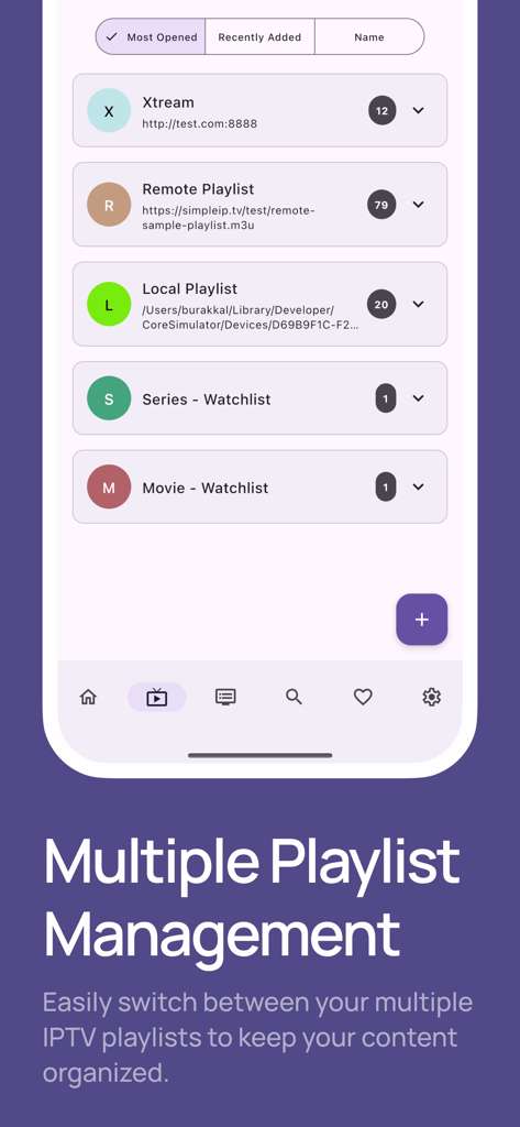 Simple IPTV - Live Player - Interface showing multiple IPTV playlist management options including Xtream and M3U playlists in Simple IPTV app.