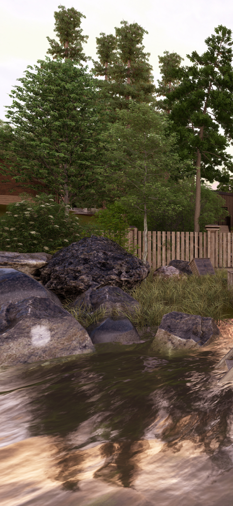 Can you escape Villa Lakeside - Eine friedliche Ufergegend mit großen Felsen und grünen Bäumen in einem Puzzlespiel