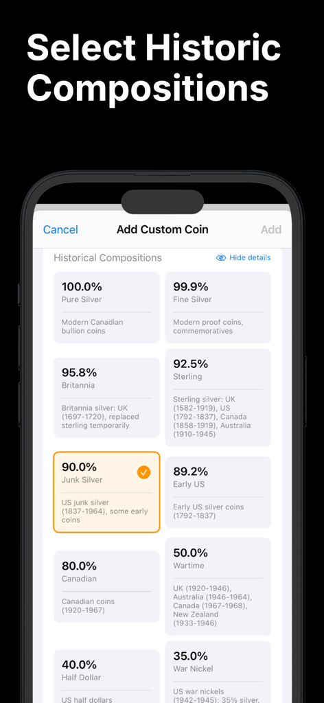 Coin Value Identifier - Interfaccia che mostra le opzioni storiche di purezza dell'argento per l'identificazione di monete personalizzate