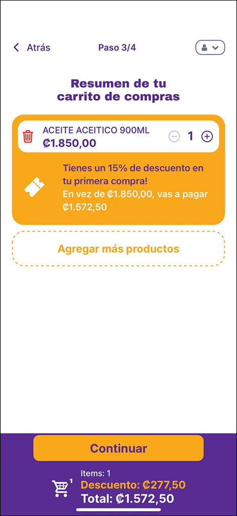 Grab & Eat - Shopping cart summary screen in the Grab and Eat app showing a list of items and an applied discount