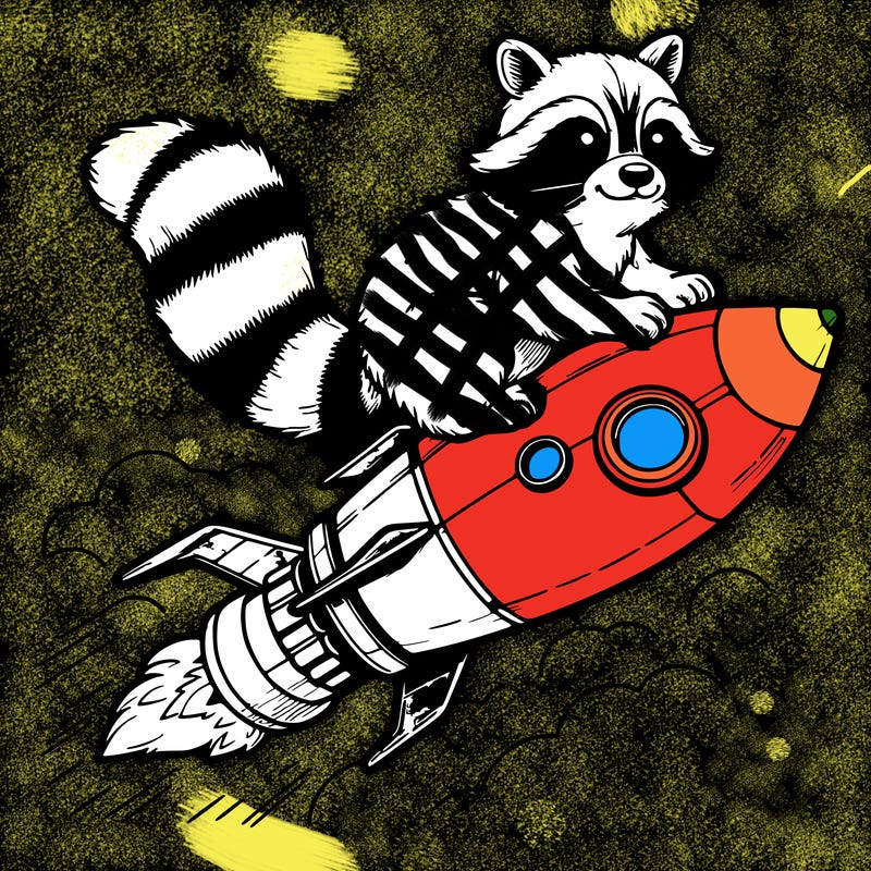 realistic raccoon flying on top rocket ship