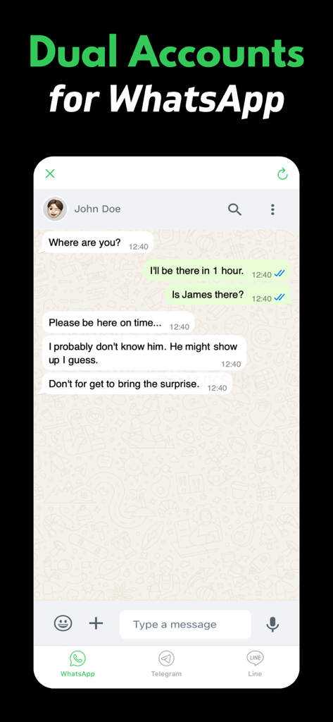 Interfaz de Messenger para WhatsApp Duo que muestra una pantalla de chat y pestañas de navegación para WhatsApp, Telegram y Line