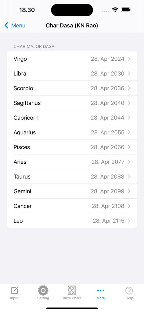 iHoroscope Vedic - iHoroscope Vedic app screen displaying the Char Dasa major periods list