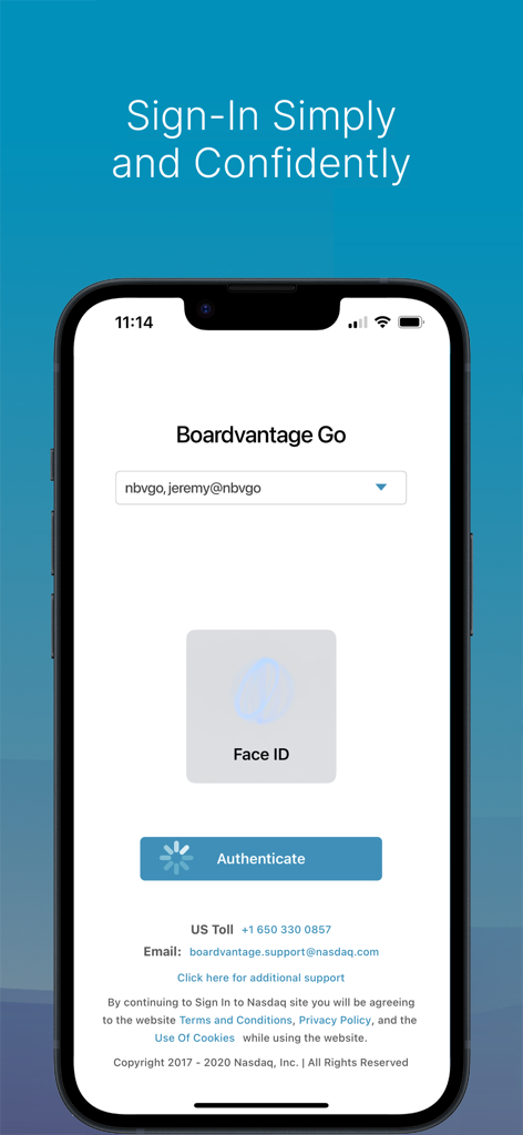 Secure sign-in screen for Nasdaq Boardvantage Go featuring Face ID biometric authentication for corporate directors