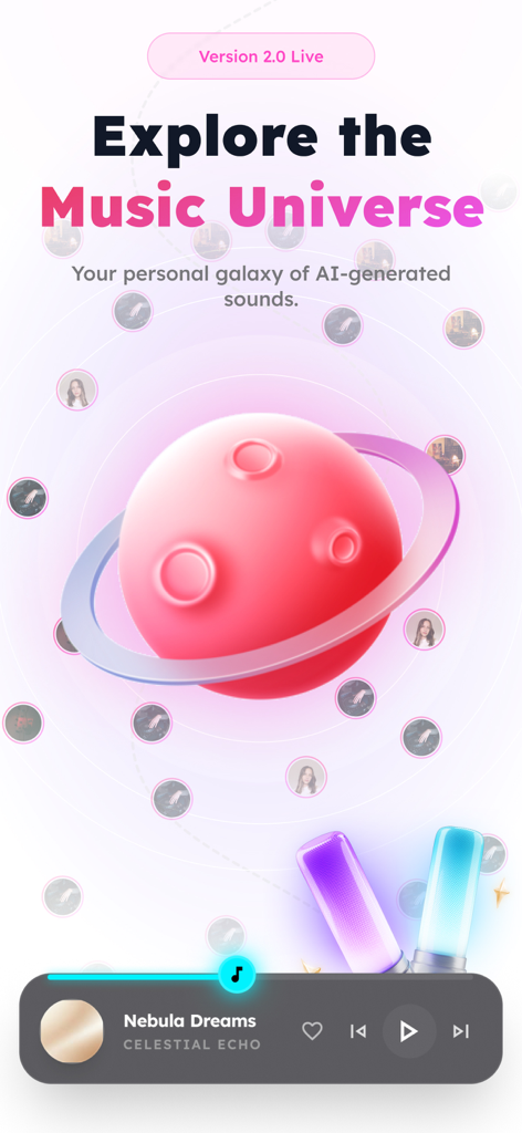 Music Maker AI Songs: InsMelo - Interfaz de la aplicación InsMelo mostrando la pantalla de exploración del universo musical con un tema galáctico y reproductor de música