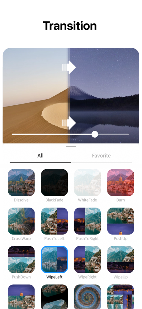 Interfaccia dell'editor video Vlogr che mostra una libreria di effetti di transizione cinematografici per il vlogging da mobile