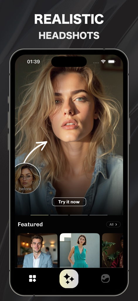 AI Headshot Photo Generator ・ - Smartphone-Bildschirm, der die KI-Bewerbungsfoto-Generator-App mit einem realistischen professionellen Porträt anzeigt