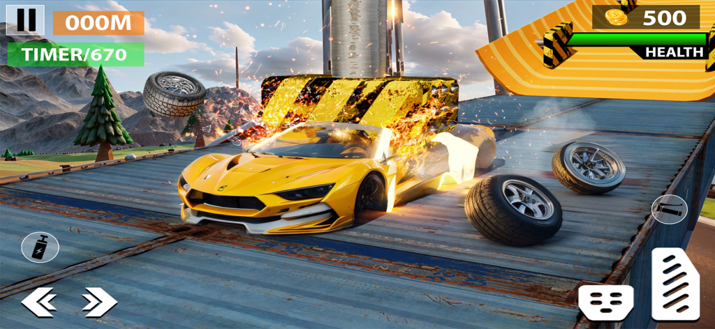 Car Crash Destruction Derby 2 - A yellow sports car being crushed by a hazard-striped block in Car Crash Destruction Derby 2 gameplay.