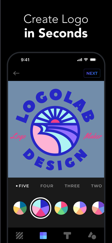 Logo Creator: Label maker - Mobile app interface of Logolab showing a logo design screen with customizable color palettes and a landscape icon.