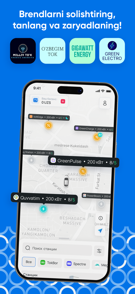 Beon - Visão de mapa do aplicativo Beon mostrando várias estações de carregamento de veículos elétricos e opções de marca no Uzbequistão.