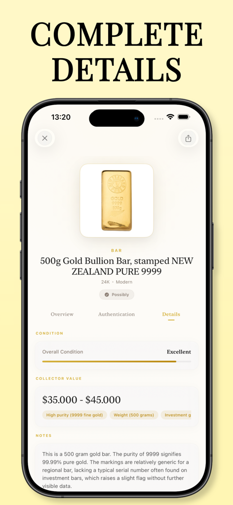 Gold Scanner - A mobile app screen showing the valuation and purity details for a 500 gram gold bullion bar