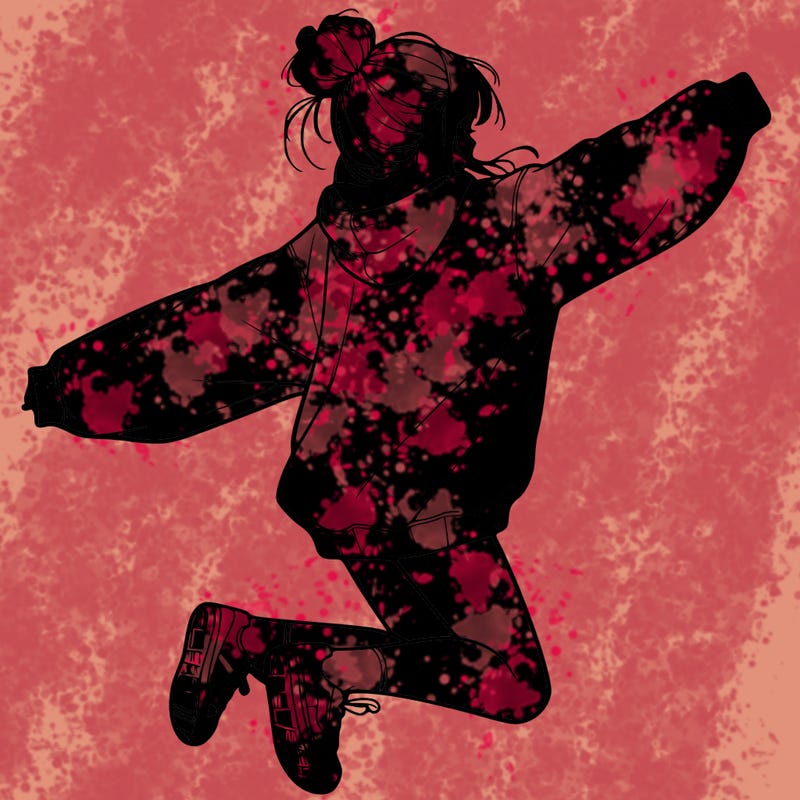 realistic girl jumping with a bun and oversized sweatshirt