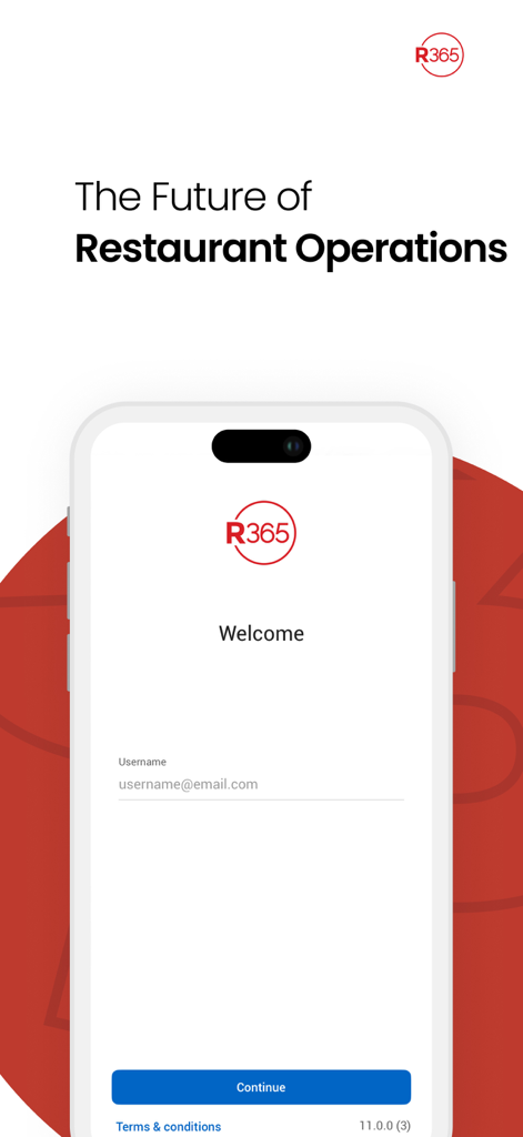 Restaurant365 Mobile App Willkommens- und Anmeldebildschirm mit einem Feld für den Benutzernamen und einer Schaltfläche zum Fortfahren