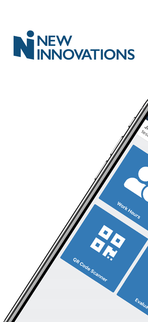 Um smartphone exibindo o logotipo do aplicativo Novas Inovações e blocos para os recursos de Horas de Trabalho e Scanner de Código QR para trainees médicos.