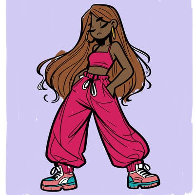girl in baggy pants crop top and long hair