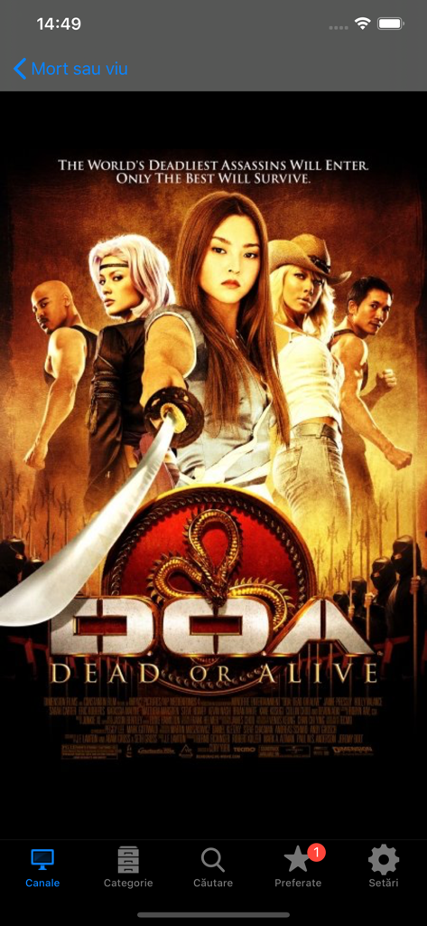 Póster de la película Muerto o Vivo mostrado en la aplicación Horario de TV Rumana