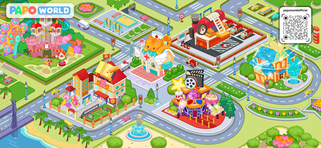 Papo Town: World - A colorful cartoon city map from Papo Town World with various interactive locations like a hospital and fire station