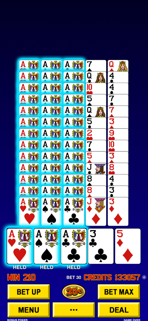 Jeu en mode vertical de Bonus Poker montrant trois As détenus sur plusieurs mains dans l'application High Roller Video Poker.