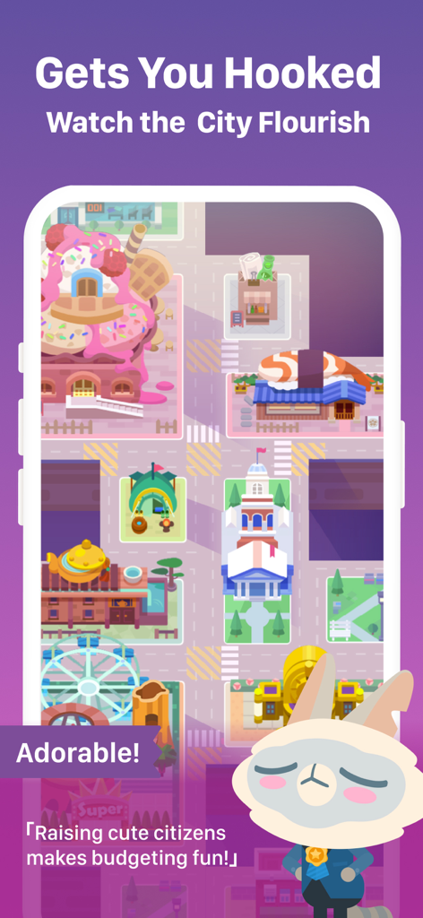 Screenshot of Fortune City app showing a colorful city simulation used for tracking expenses