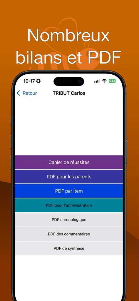 Je valide - A menu in the Kids check app displaying various PDF report types for student evaluations.