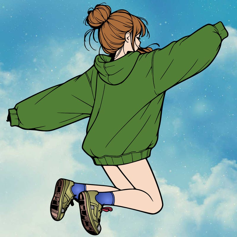 realistic girl jumping with a bun and oversized sweatshirt