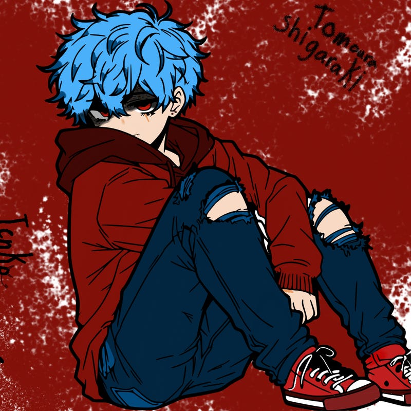 a male hoddie ripped jeans messy hair anime